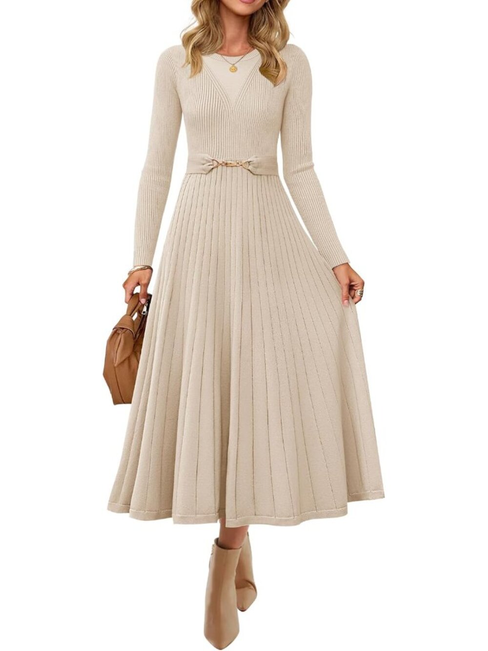 Chic Women's Fall Pleated Midi Sweater Dress